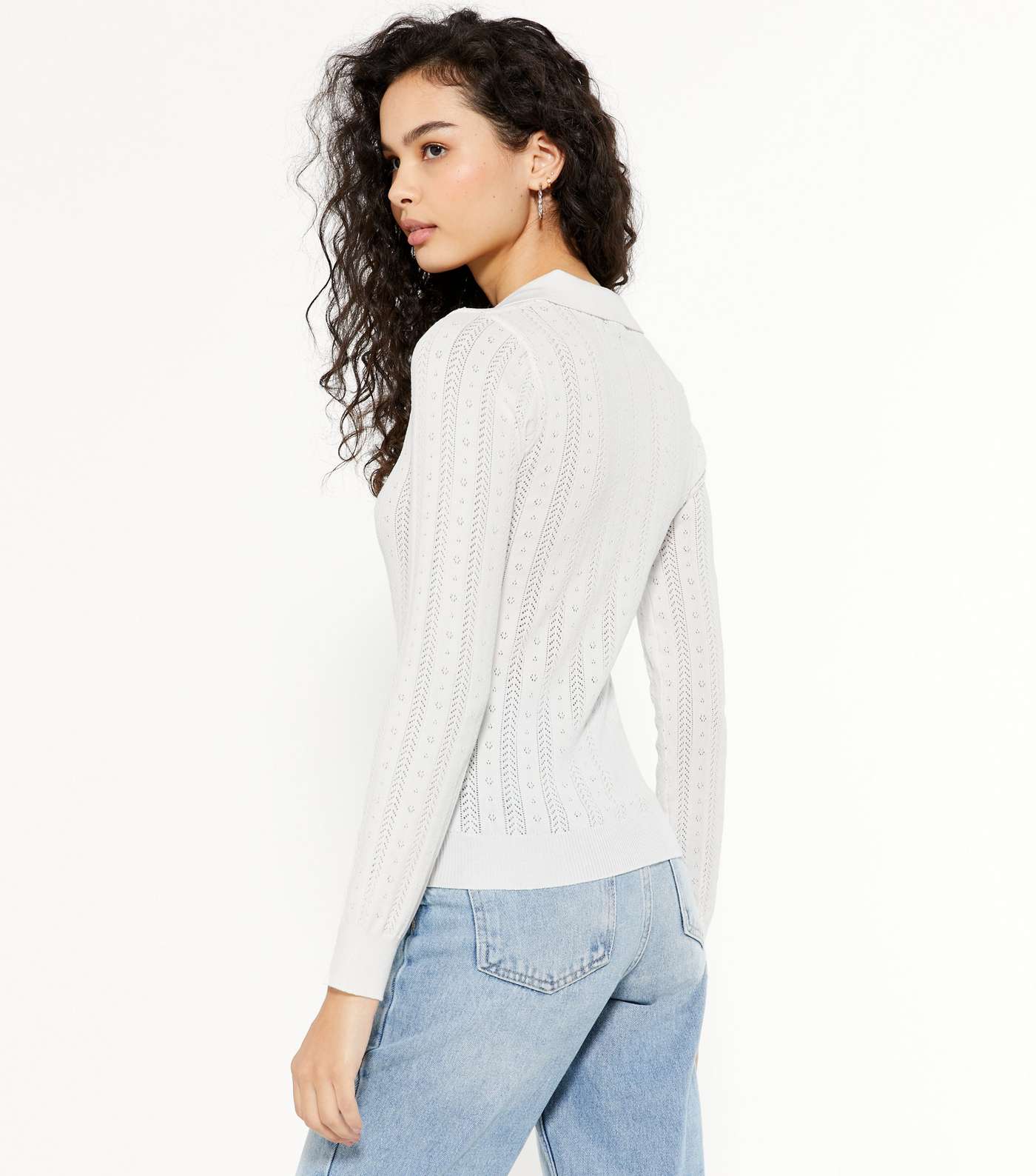 White Pointelle Knit Collared Jumper  Image 3