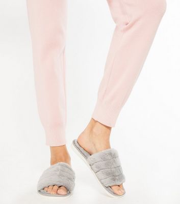 grey fluffy slider slippers