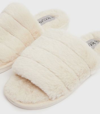 Off White Fluffy Padded Faux Fur Slider Slippers New Look