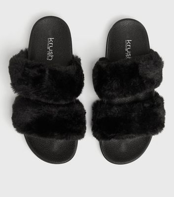 Image of Black Faux Fur Double Strap Slider Slippers New Look