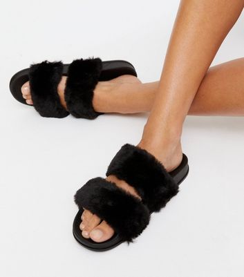 double strap fur sandals