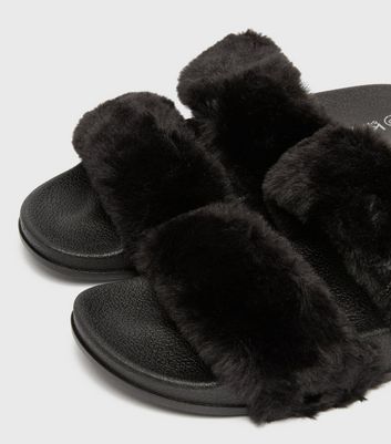 black fluffy sliders with strap