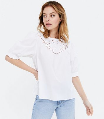 Petite White Broderie Neck Puff Sleeve 