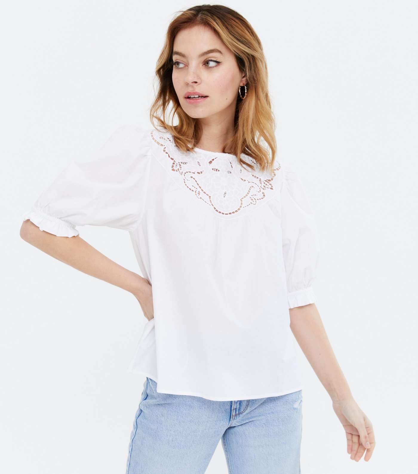 Petite White Broderie Neck Puff Sleeve Top