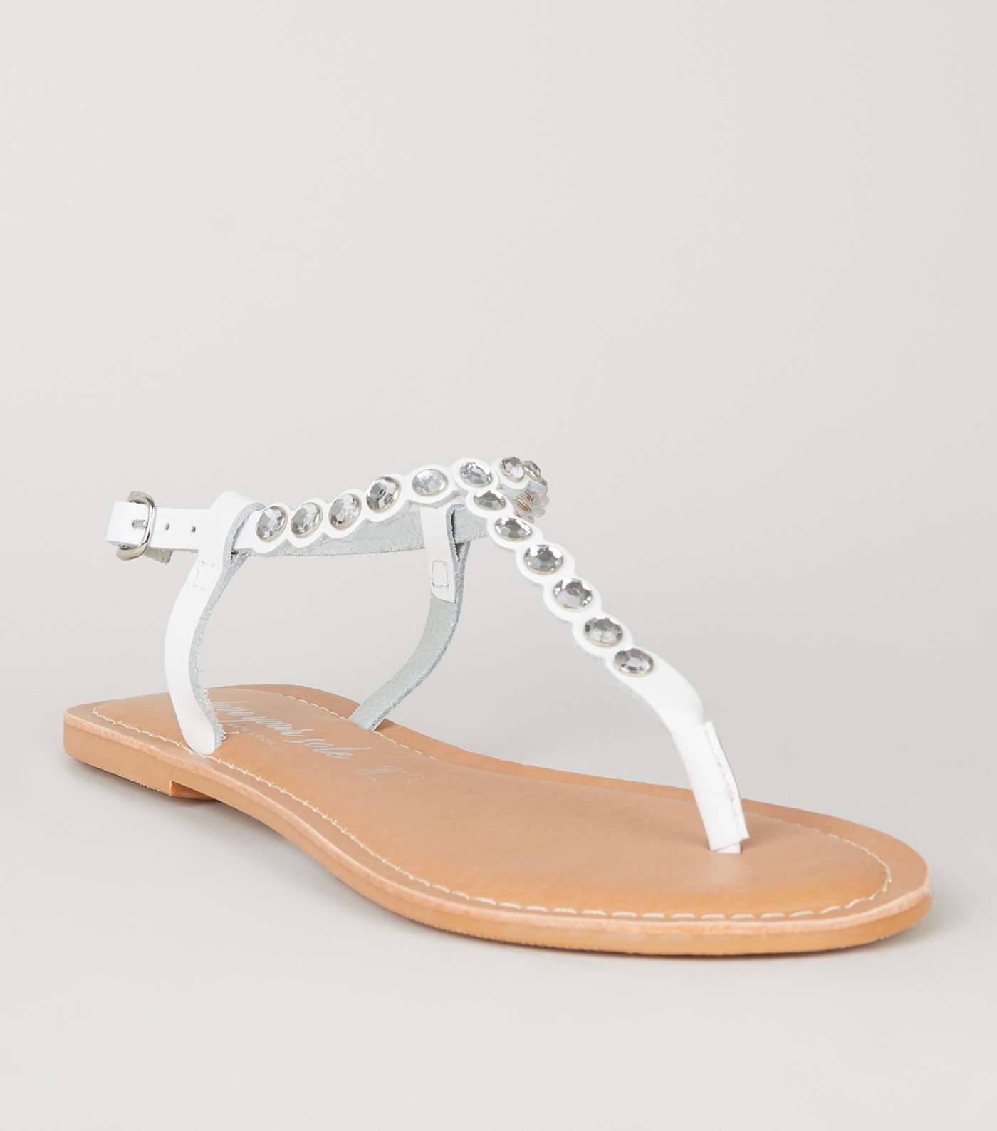 White Leather Diamanté Flat Sandals