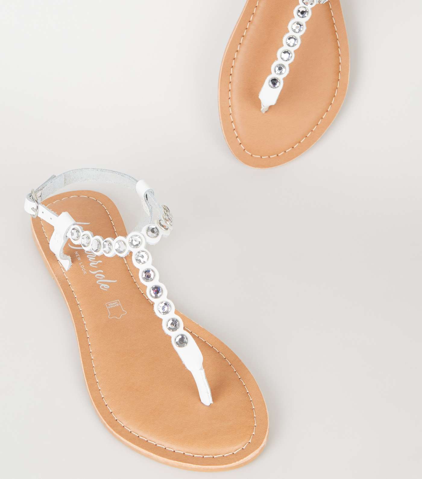 White Leather Diamanté Flat Sandals Image 3