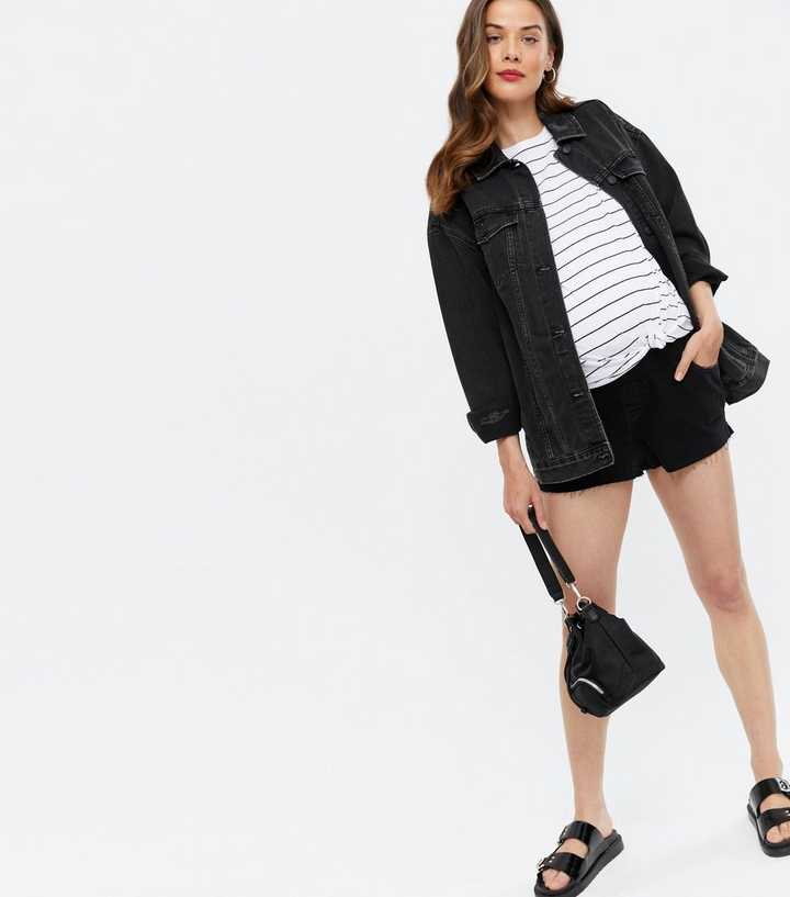 Maternity Black Denim Raw Hem Under Bump Shorts
