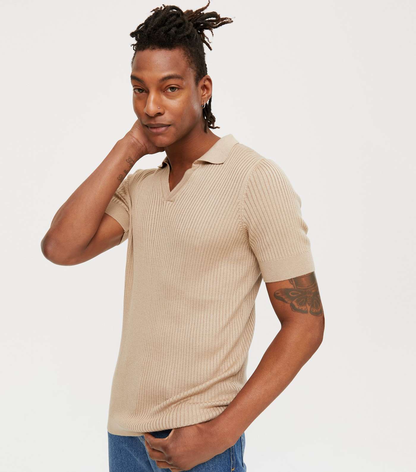 Camel Ribbed Fine Knit Muscle Fit Polo Shirt
