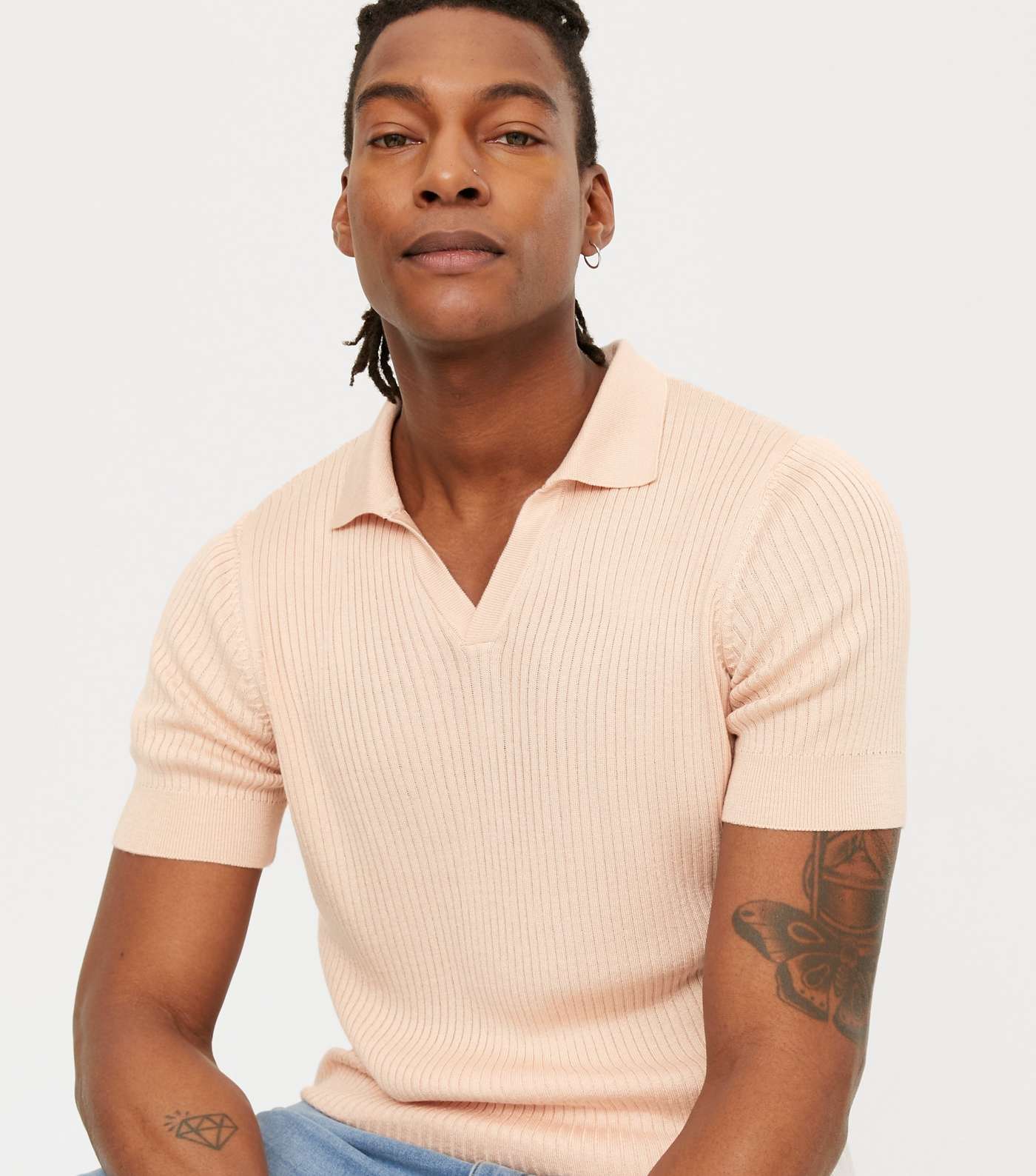 Mid Pink Ribbed Fine Knit Muscle Fit Polo Shirt Image 3
