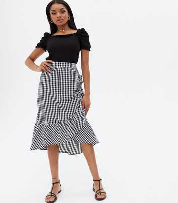 Petite Black Gingham Ruffle Midi Wrap Skirt