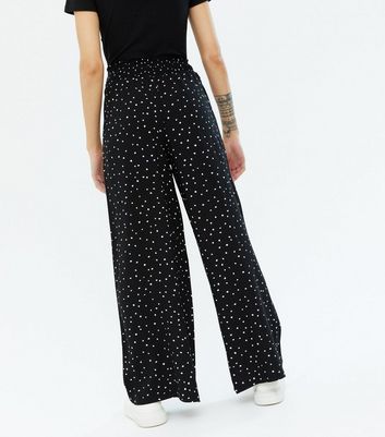 Petite Black Polka Dot Shirred Wide Leg 