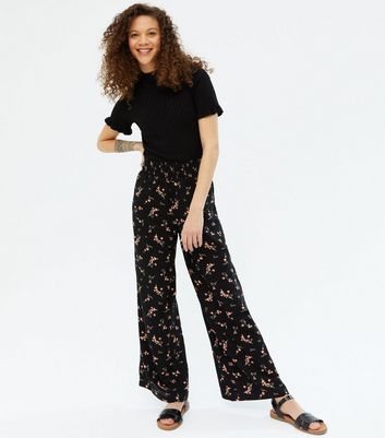 Petite Black Floral Shirred Wide Leg 