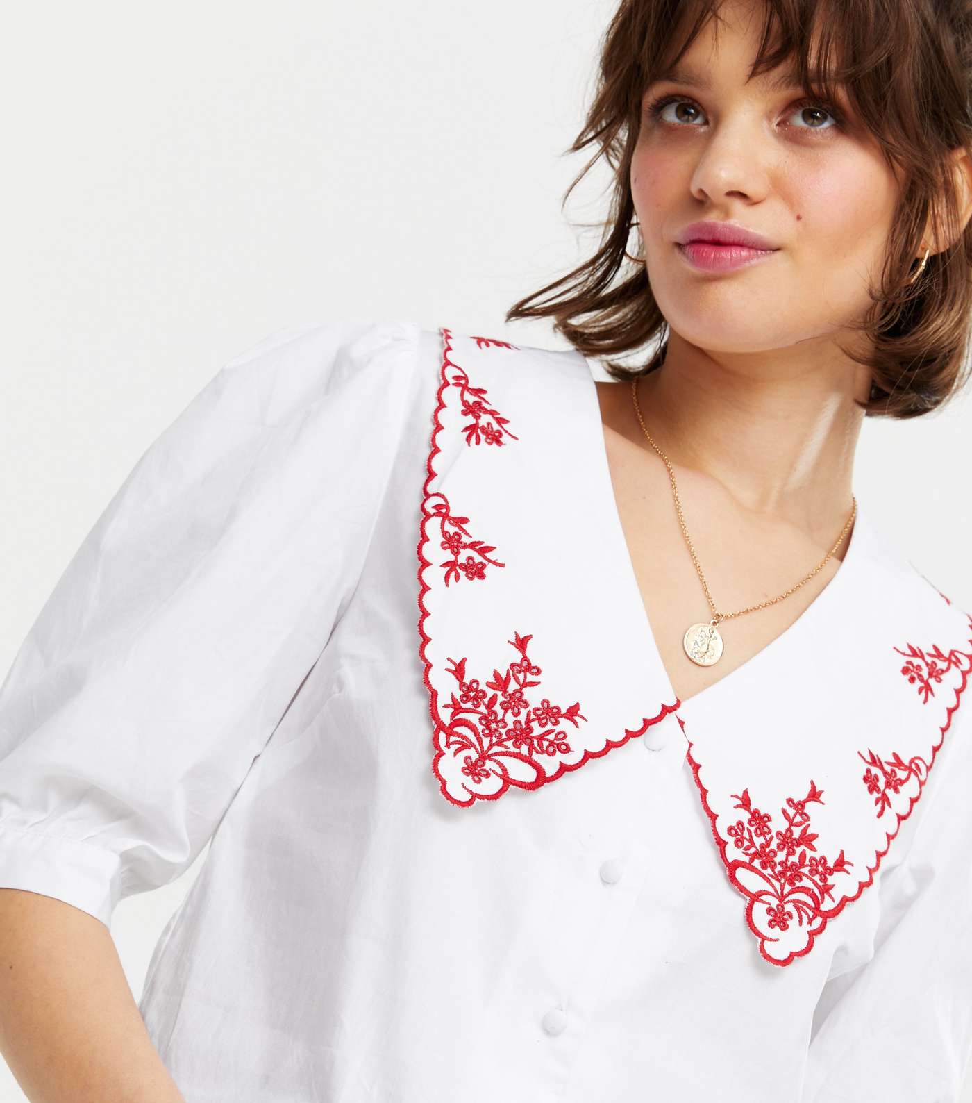 Off White Embroidered Collar Button Peplum Blouse Image 4