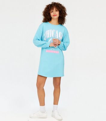 Teal Chicago Varsity Logo Sweatshirt Dress New Look