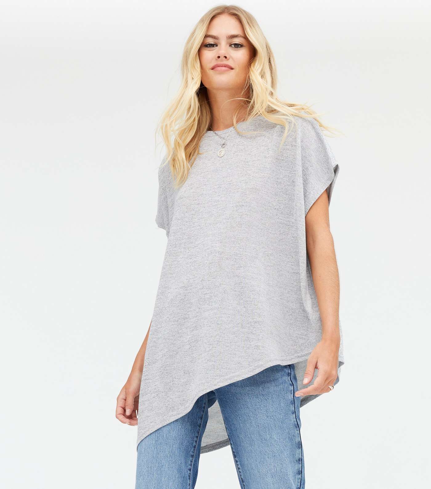 Pale Grey Fine Knit Asymmetric Long T-Shirt