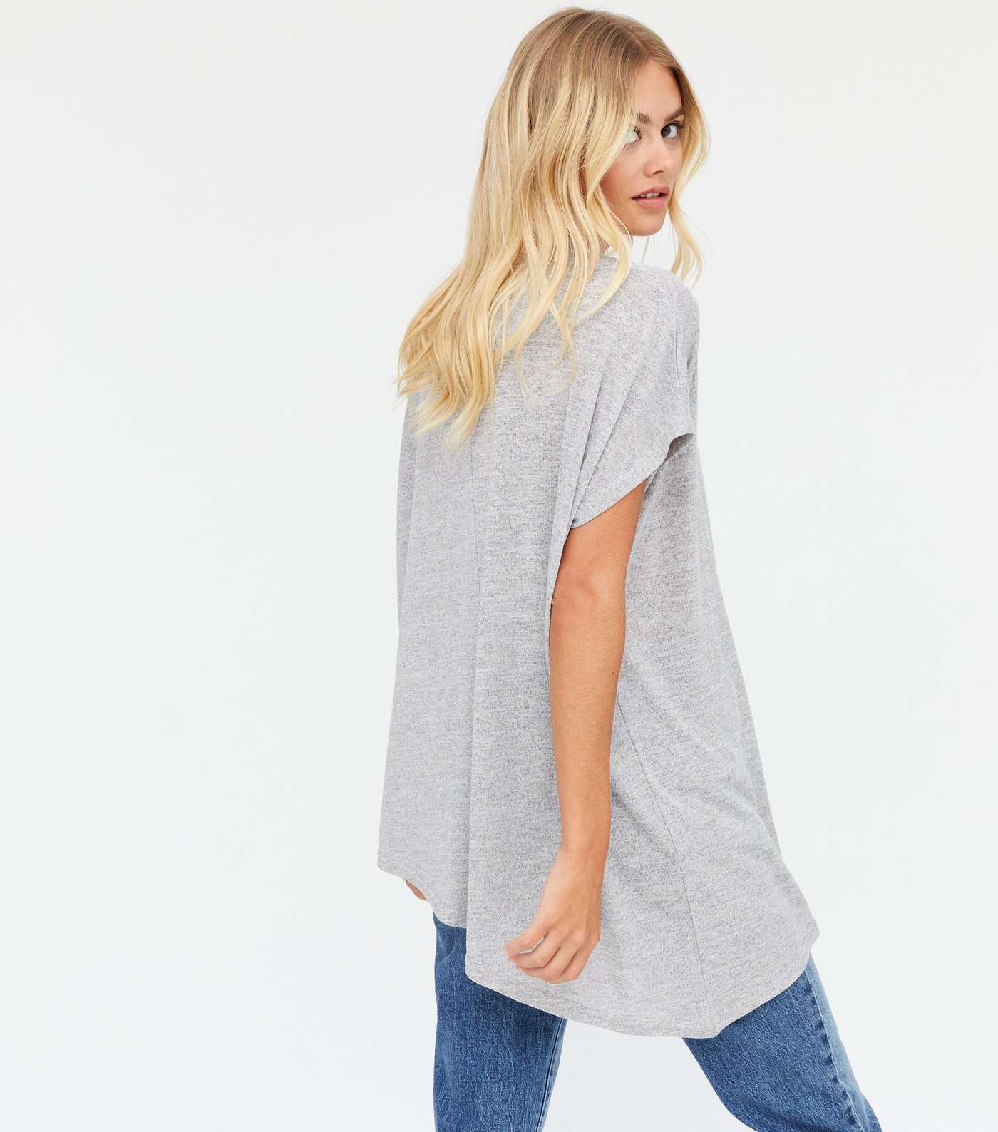 Pale Grey Fine Knit Asymmetric Long T-Shirt Image 3