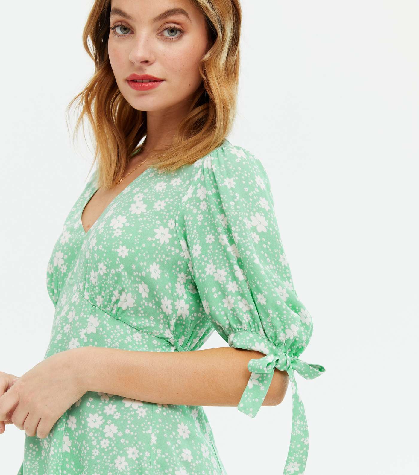 Petite Light Green Floral Tie Sleeve Mini Dress Image 3