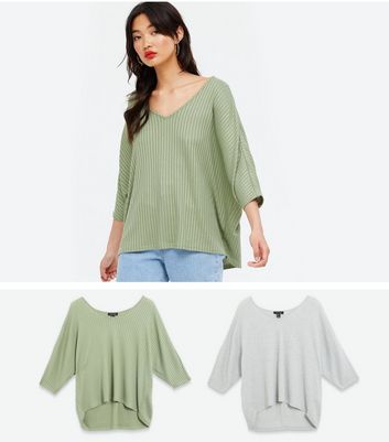 Click to view product details and reviews for 2 Pack Green And Grey Fine Knit Batwing Tops New Look.