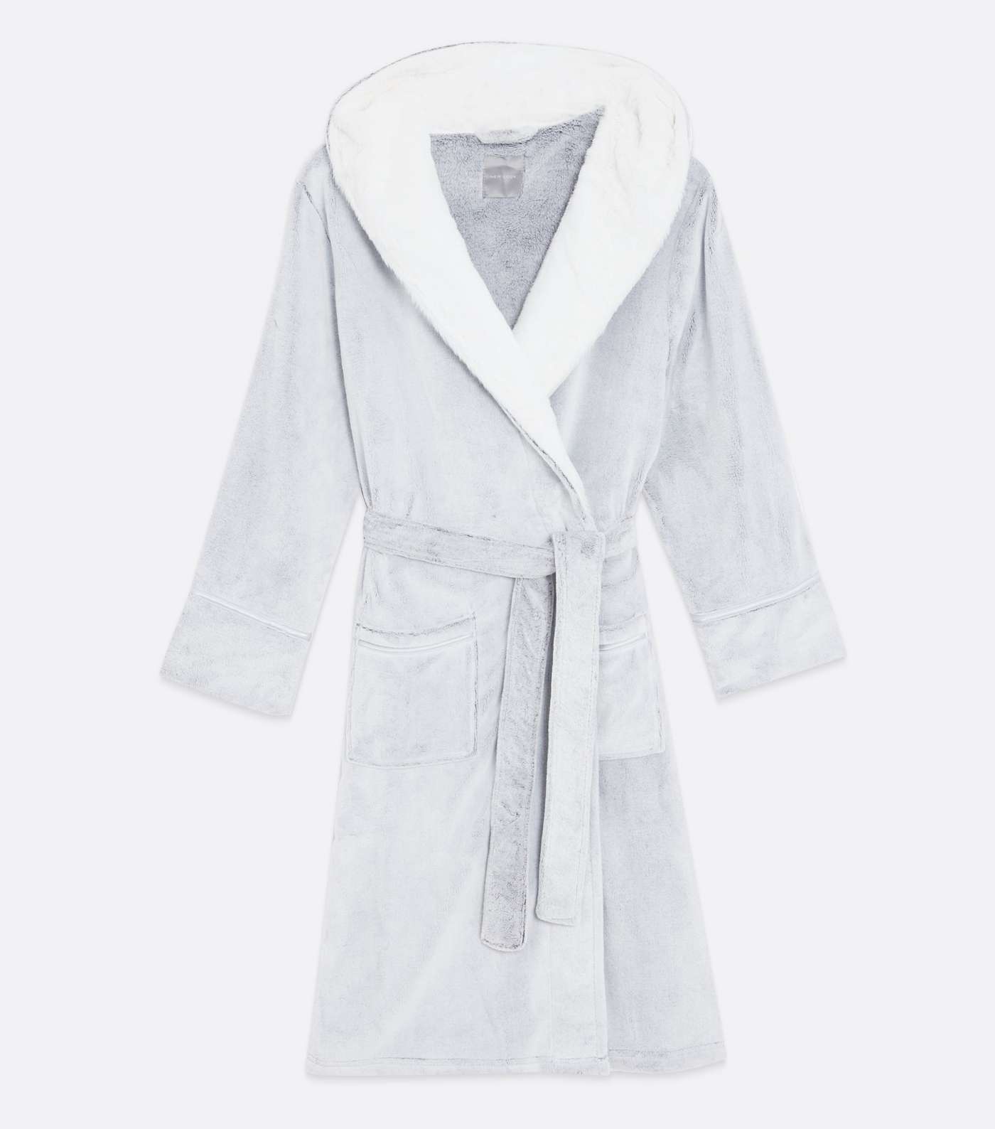 Pale Grey Fluffy Hooded Dressing Gown Image 5