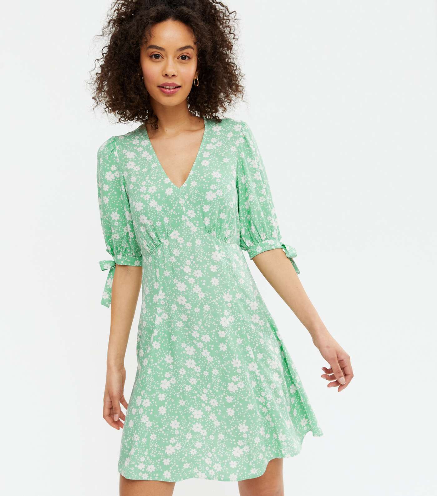 Tall Green Floral V Neck Tie Sleeve Tea Dress