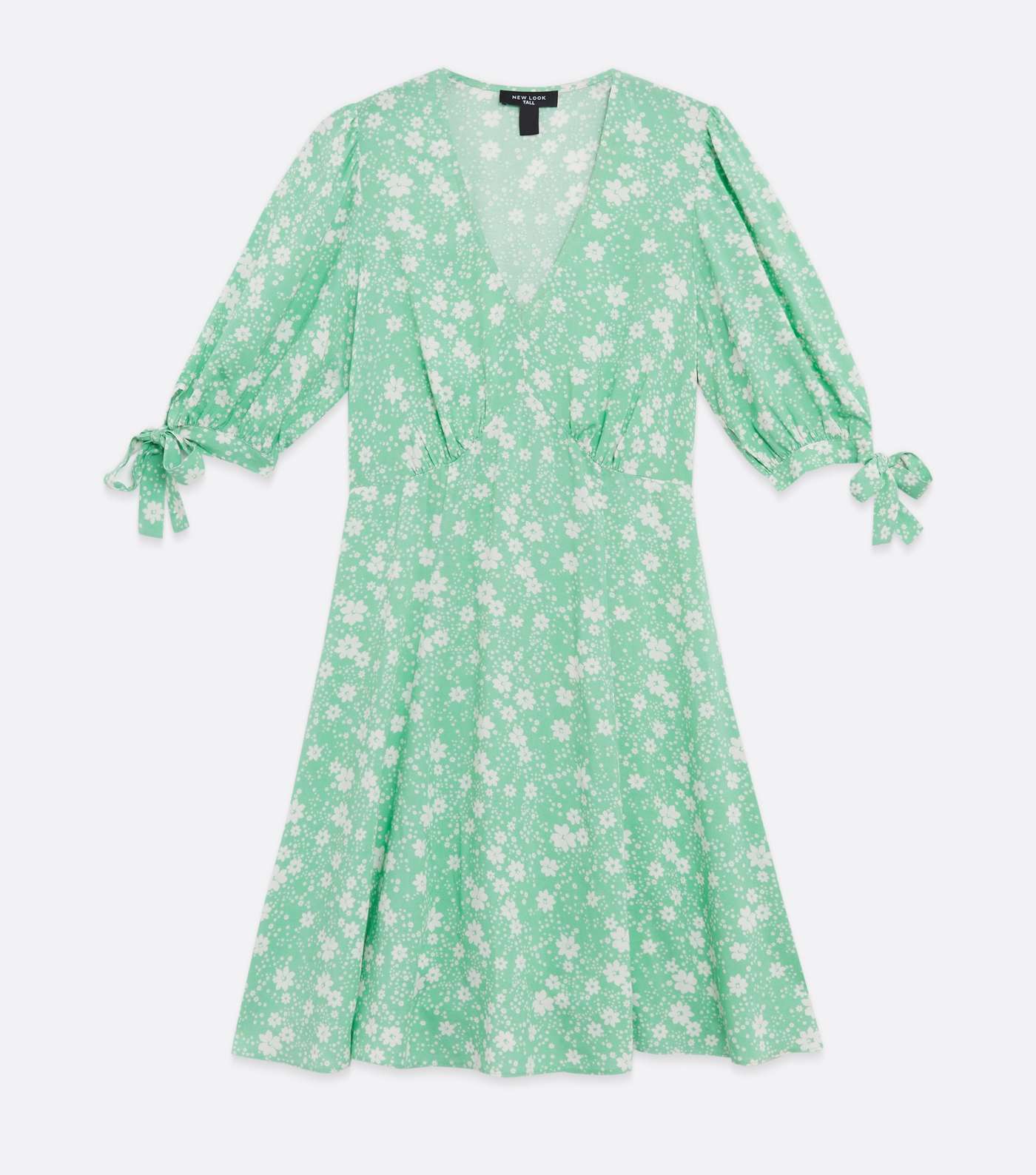 Tall Green Floral V Neck Tie Sleeve Tea Dress Image 5