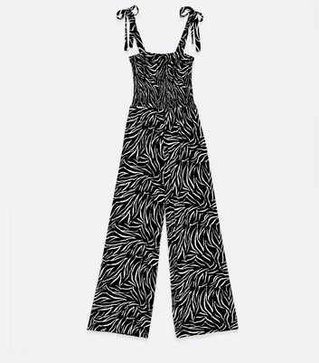 Tall Black Zebra Print Tie Strap Shirred Jumpsuit New Look