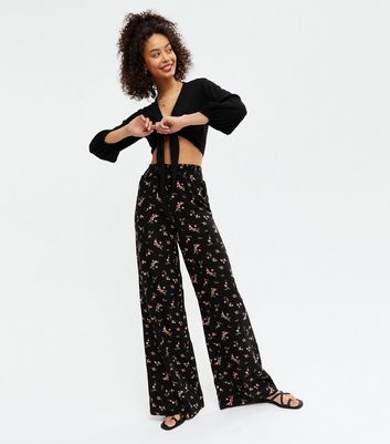 Black Floral Wide Leg Trousers  New Look