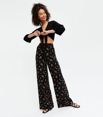 Tall Black Floral Wide Leg Trousers 