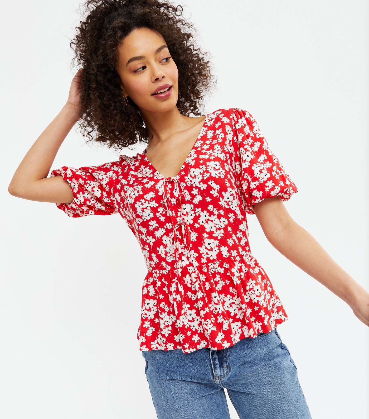 Tall Red Ditsy Floral Tie Front Peplum Blouse
