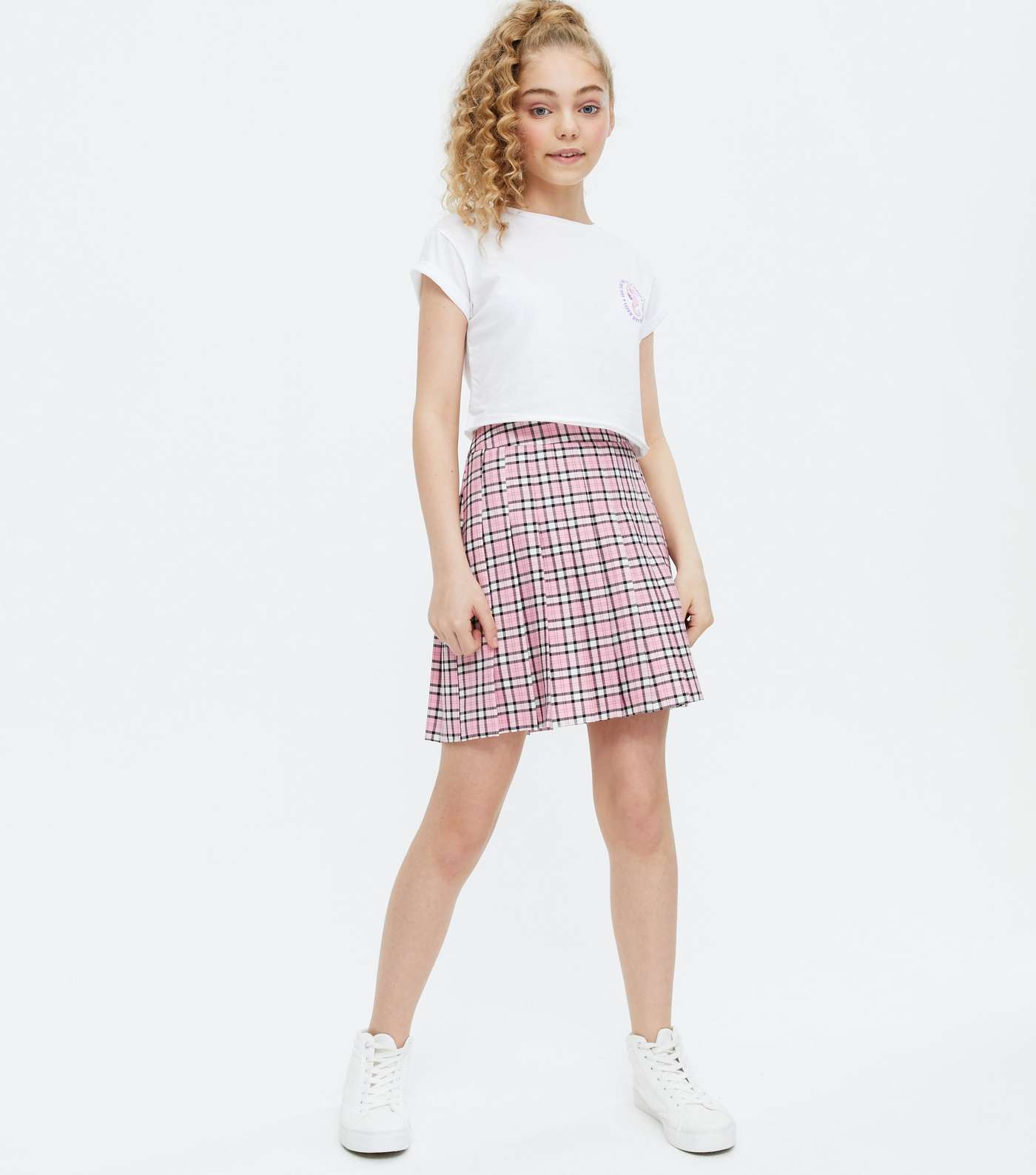 Girls Pink Check Pleated Mini Tennis Skirt