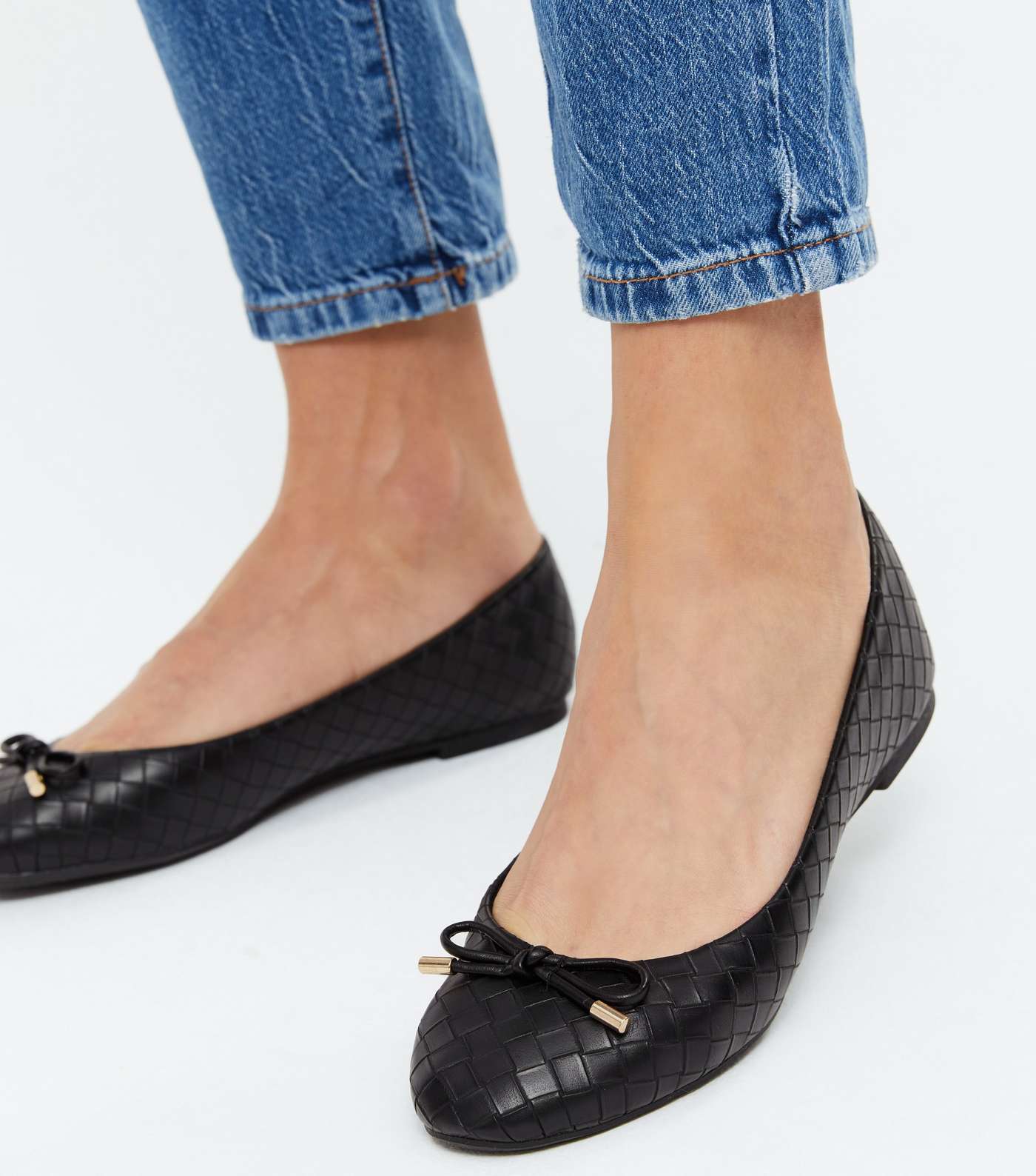 Black Woven Leather-Look Bow Ballet Pumps Image 2
