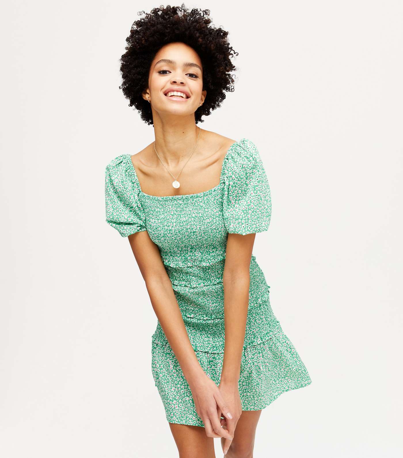 Influence Green Ditsy Floral Shirred Mini Dress