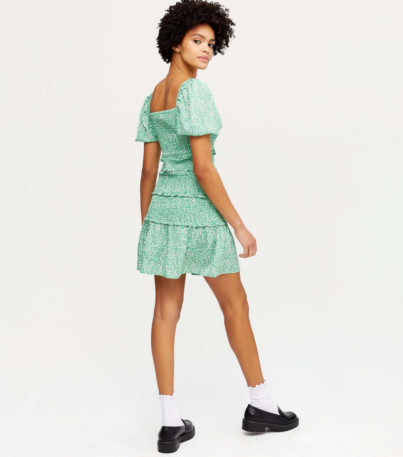 Influence Green Ditsy Floral Shirred Mini Dress Image 3