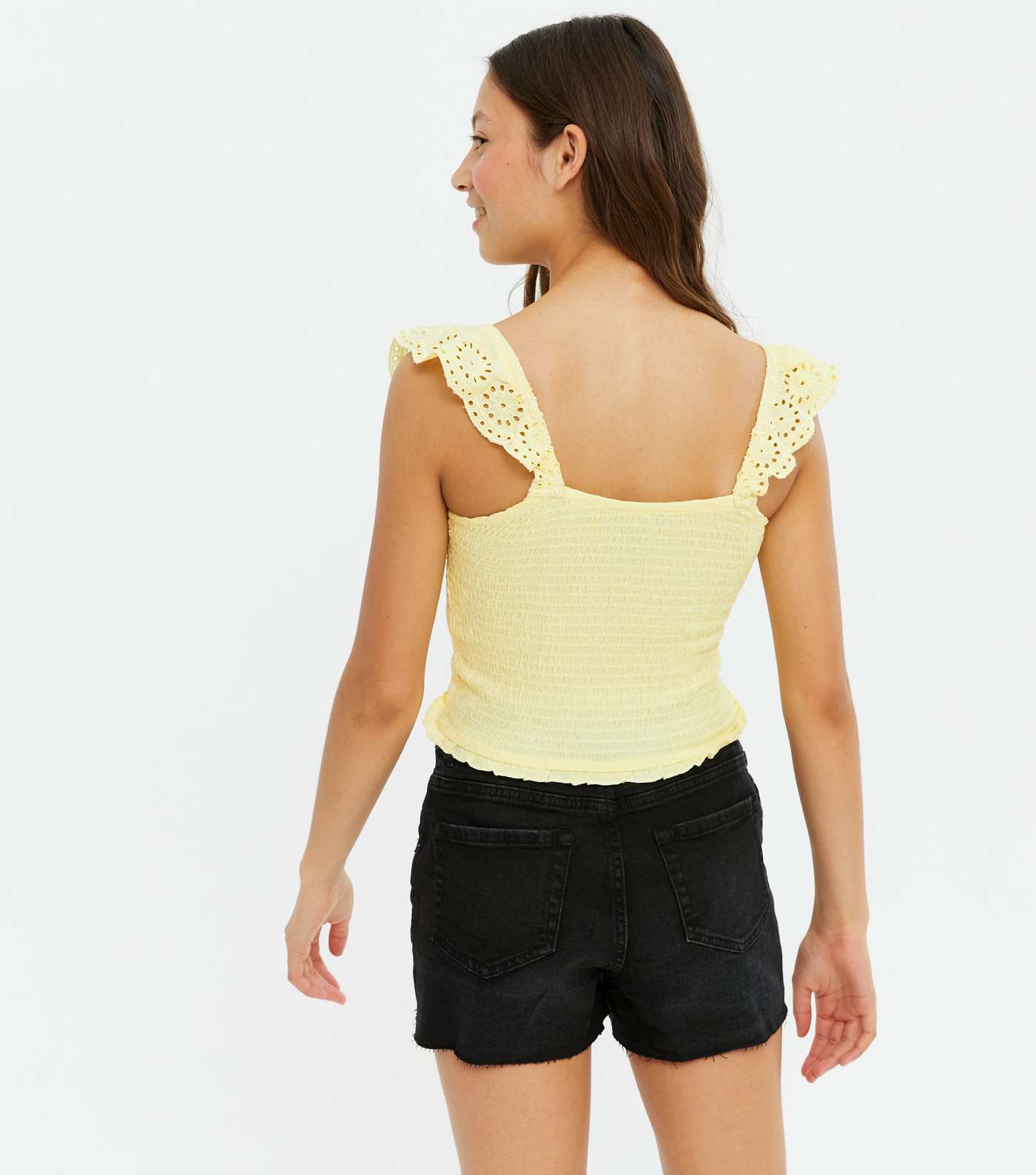 Girls Yellow Shirred Broderie Trim Square Neck Top Image 4