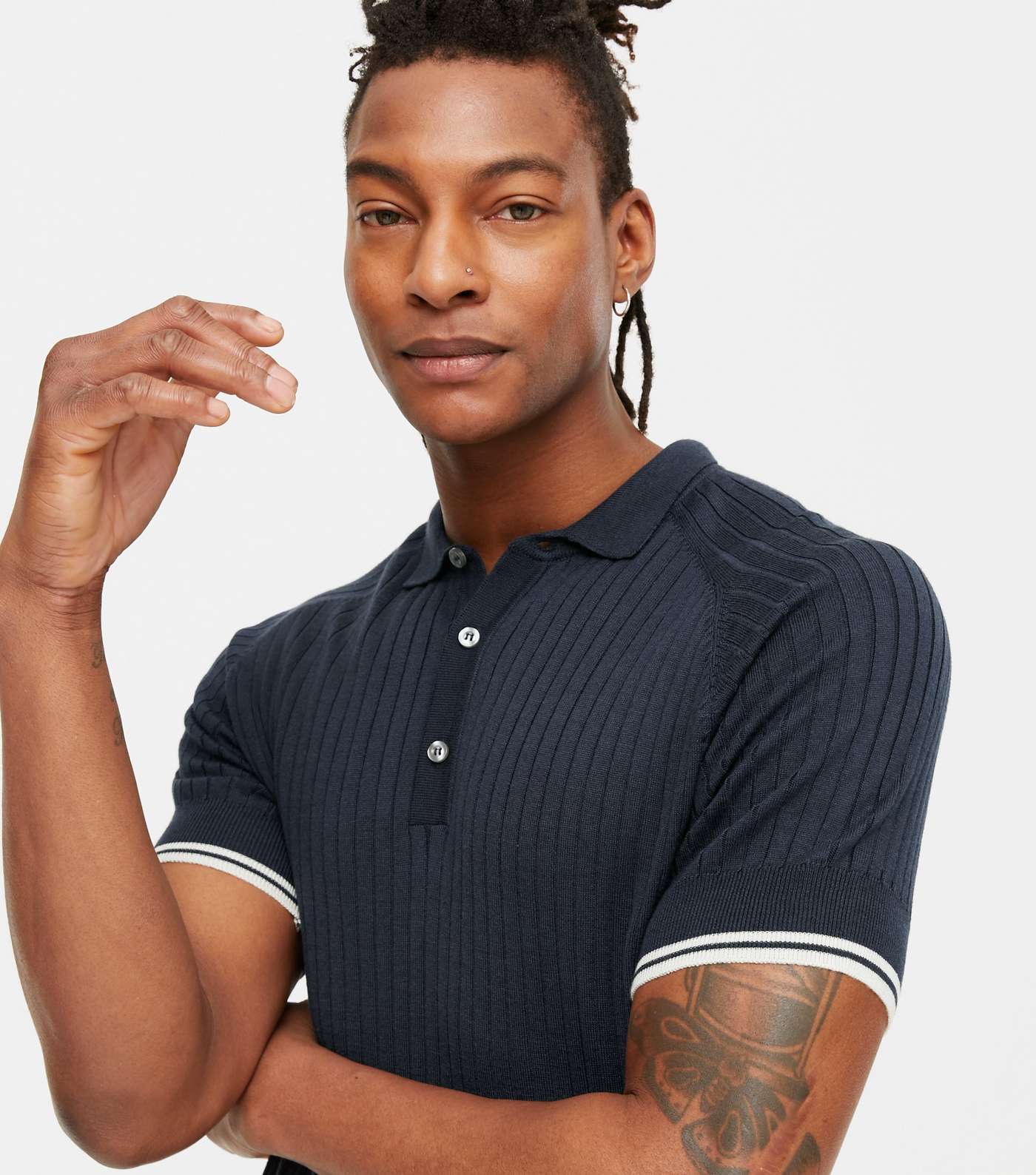 Navy Fine Knit Muscle Fit Polo Shirt Image 3