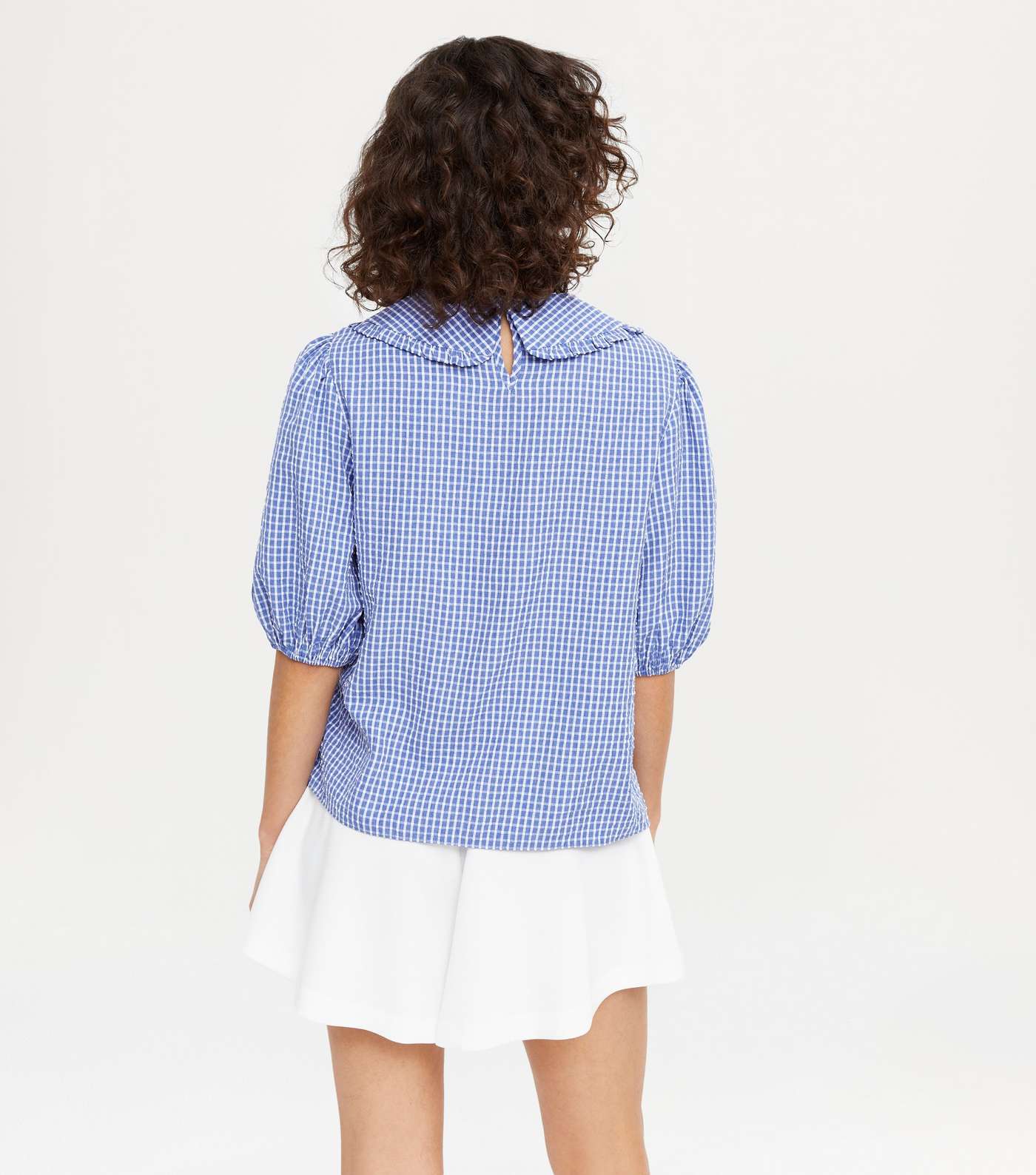 Blue Check Frill Collar Puff Sleeve Blouse Image 4