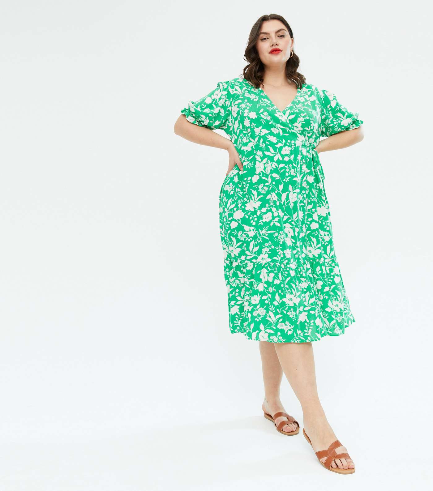 Curves Green Floral Puff Sleeve Wrap Midi Dress Image 2