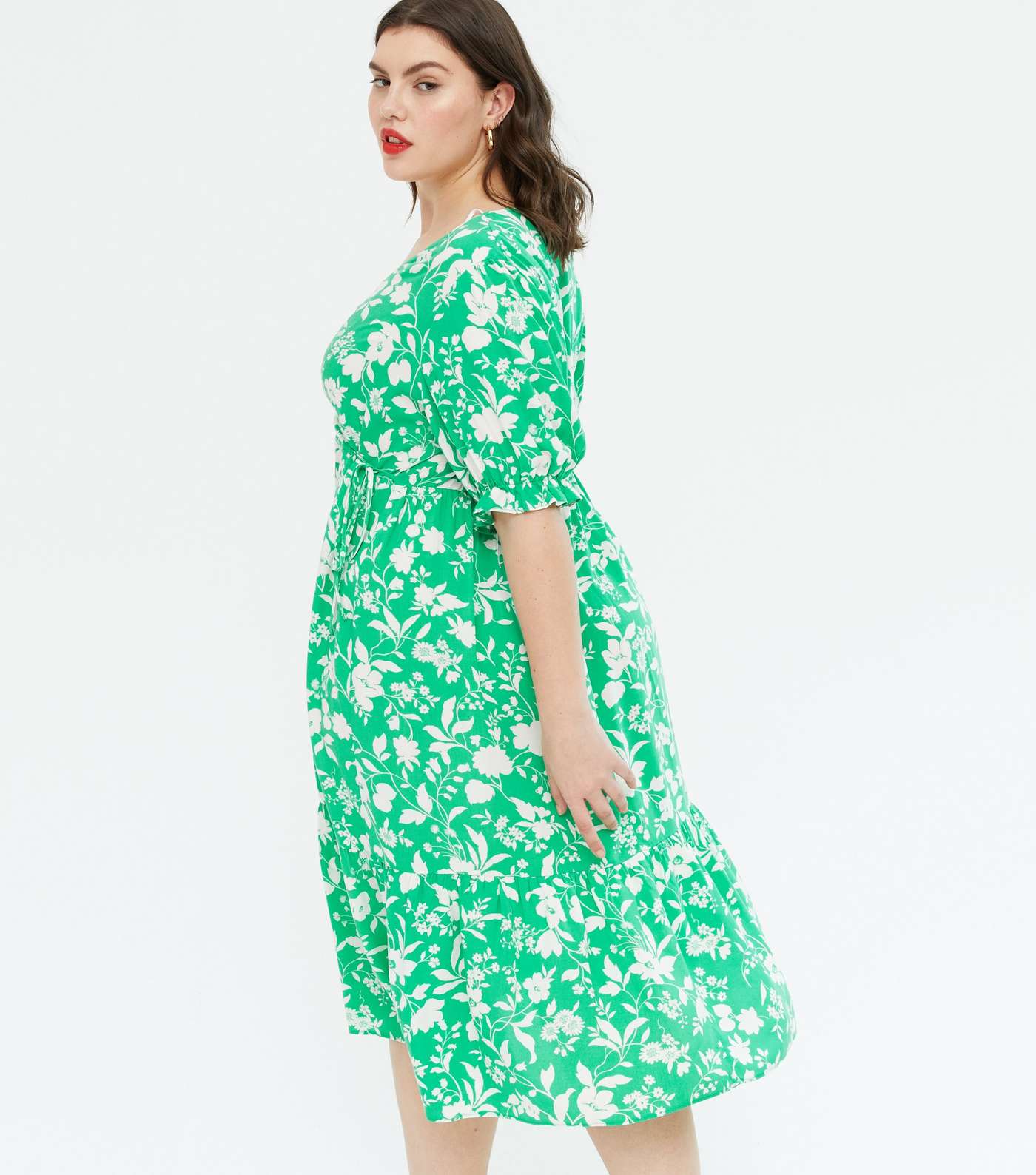 Curves Green Floral Puff Sleeve Wrap Midi Dress Image 4