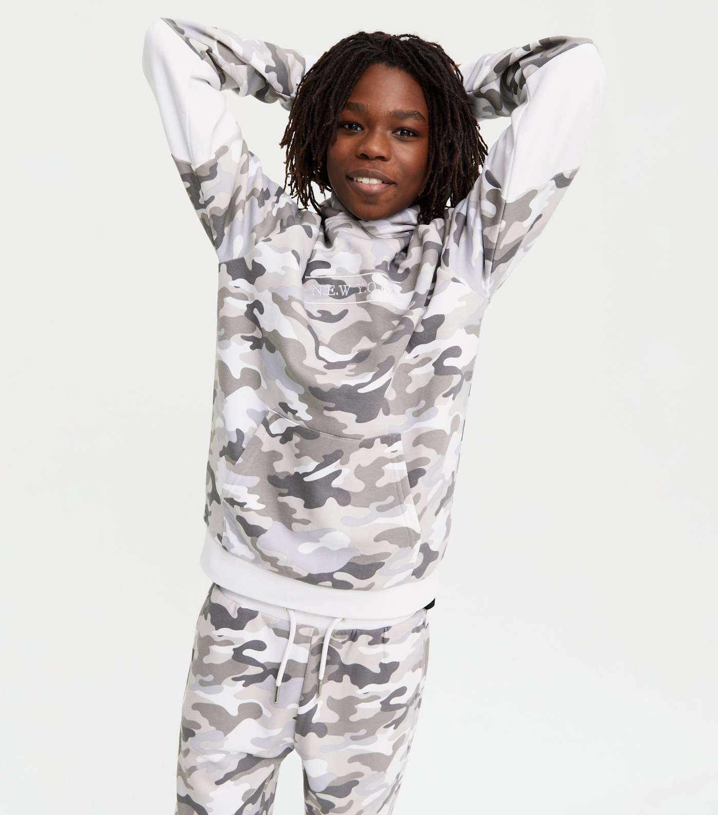 Boys Pale Grey Camo Embroidered Hoodie
