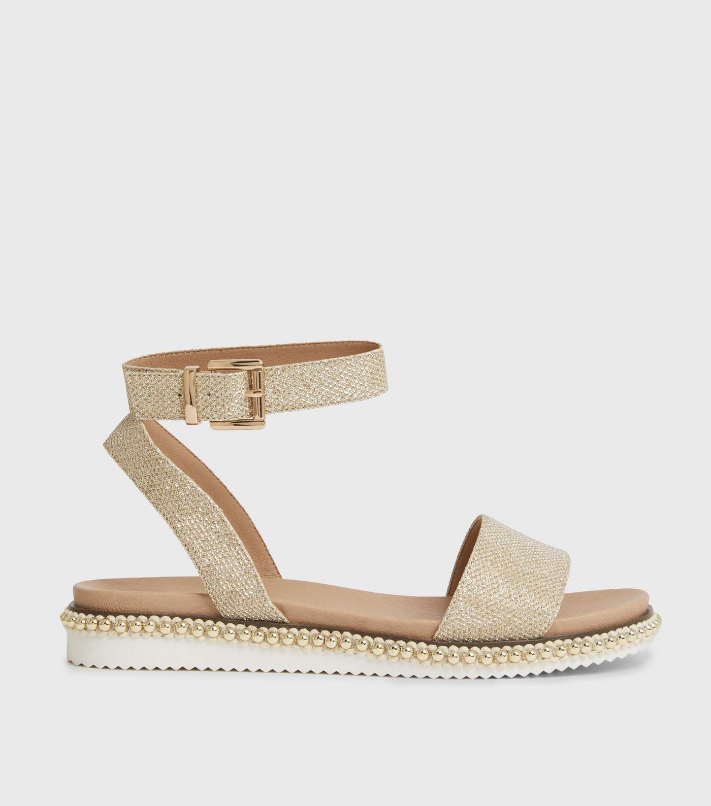 Wide Fit Gold Glitter Bead Trim Footbed Sandals