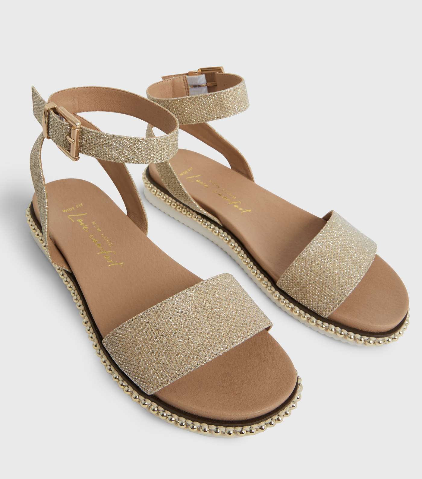 Wide Fit Gold Glitter Bead Trim Footbed Sandals Image 3