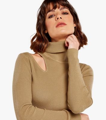 Image of Apricot Stone Ribbed Cut Out Roll Neck Jumper New Look