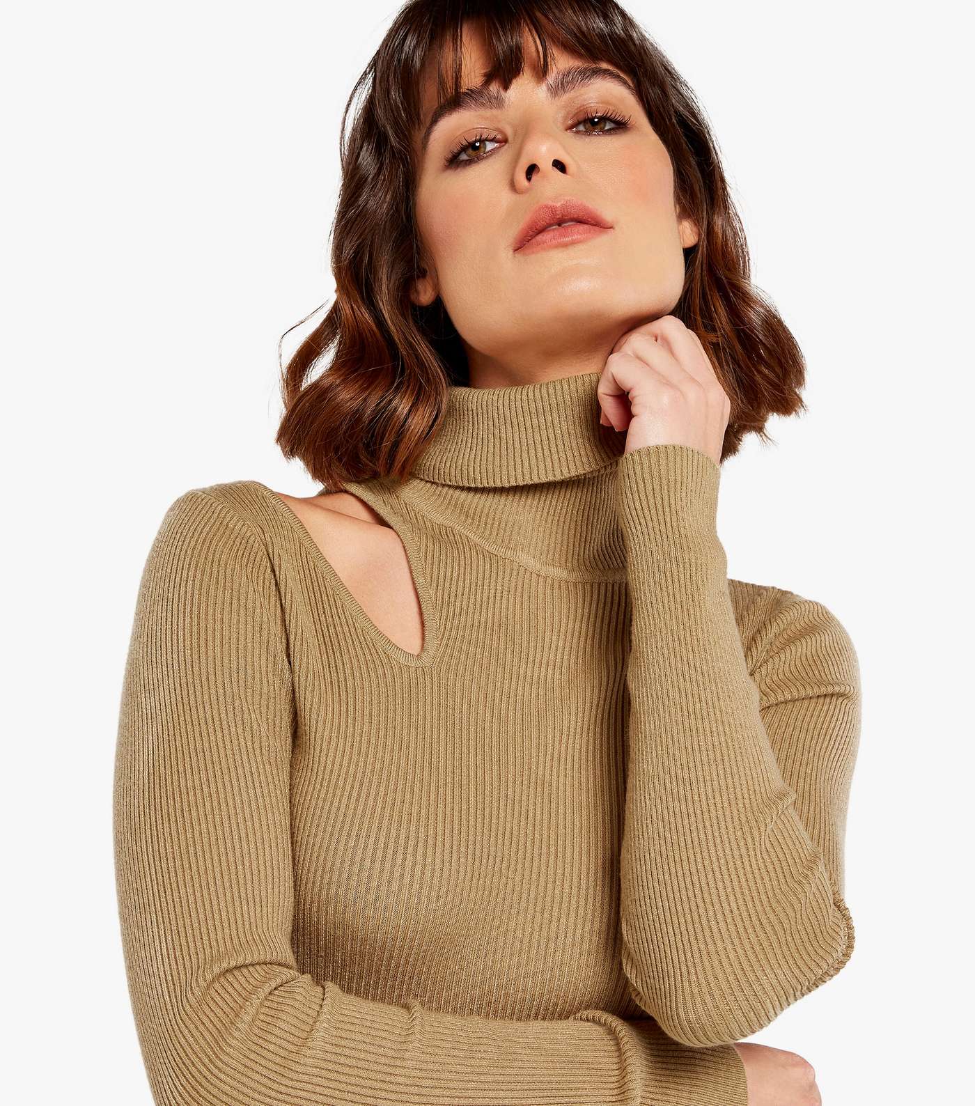 Apricot Stone Ribbed Cut Out Roll Neck Jumper Image 4