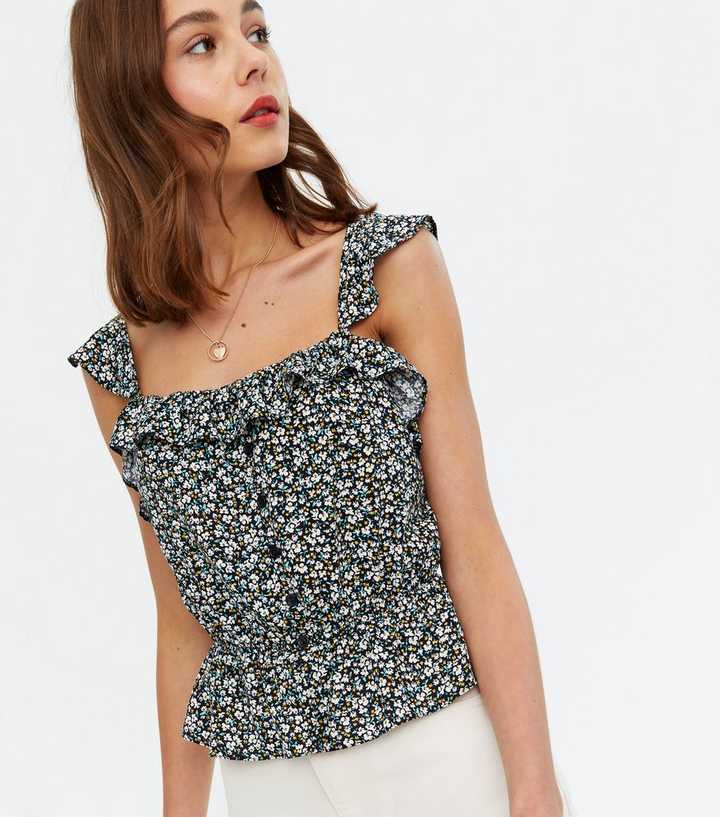 Black Ditsy Floral Frill Button Up Cami