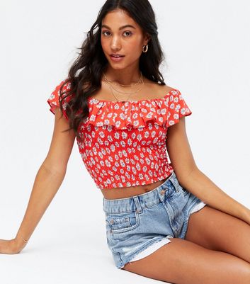 Red floral 2024 bardot top