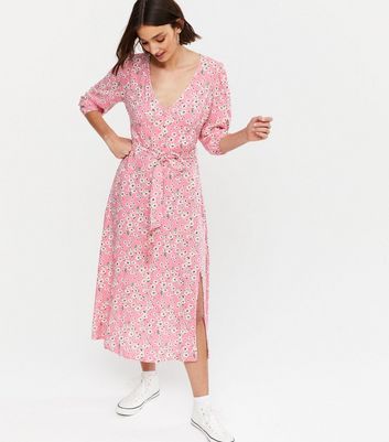 Madam Rage Pink Floral Puff Sleeve Midi Dress New Look