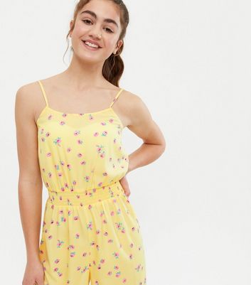 Girls Yellow Ditsy Floral Shirred Waist Crop Jumpsuit New Look