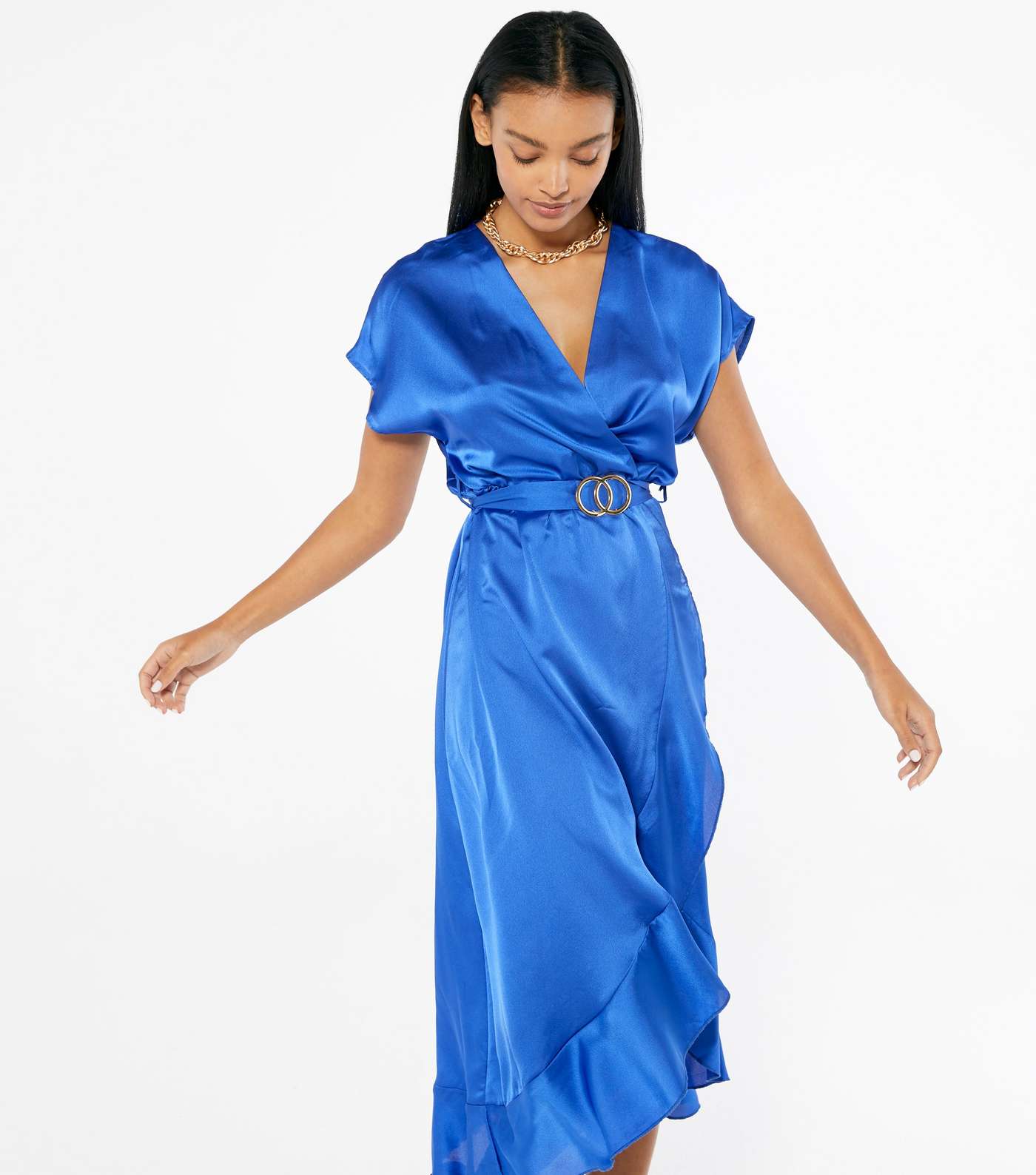 Blue Satin Belted Ruffle Wrap Midi Dress  Image 2