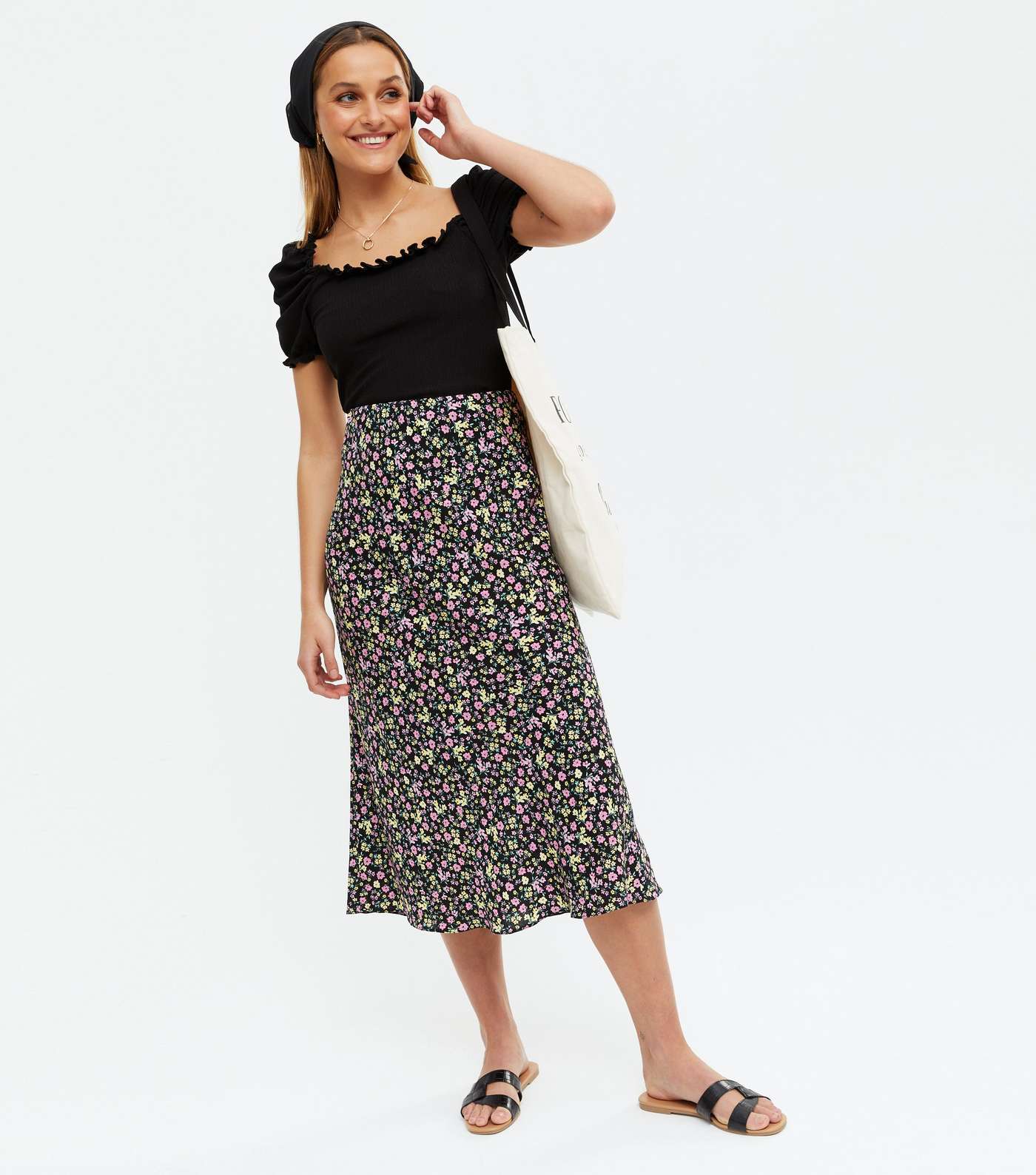 Black Ditsy Floral Midi Skirt 