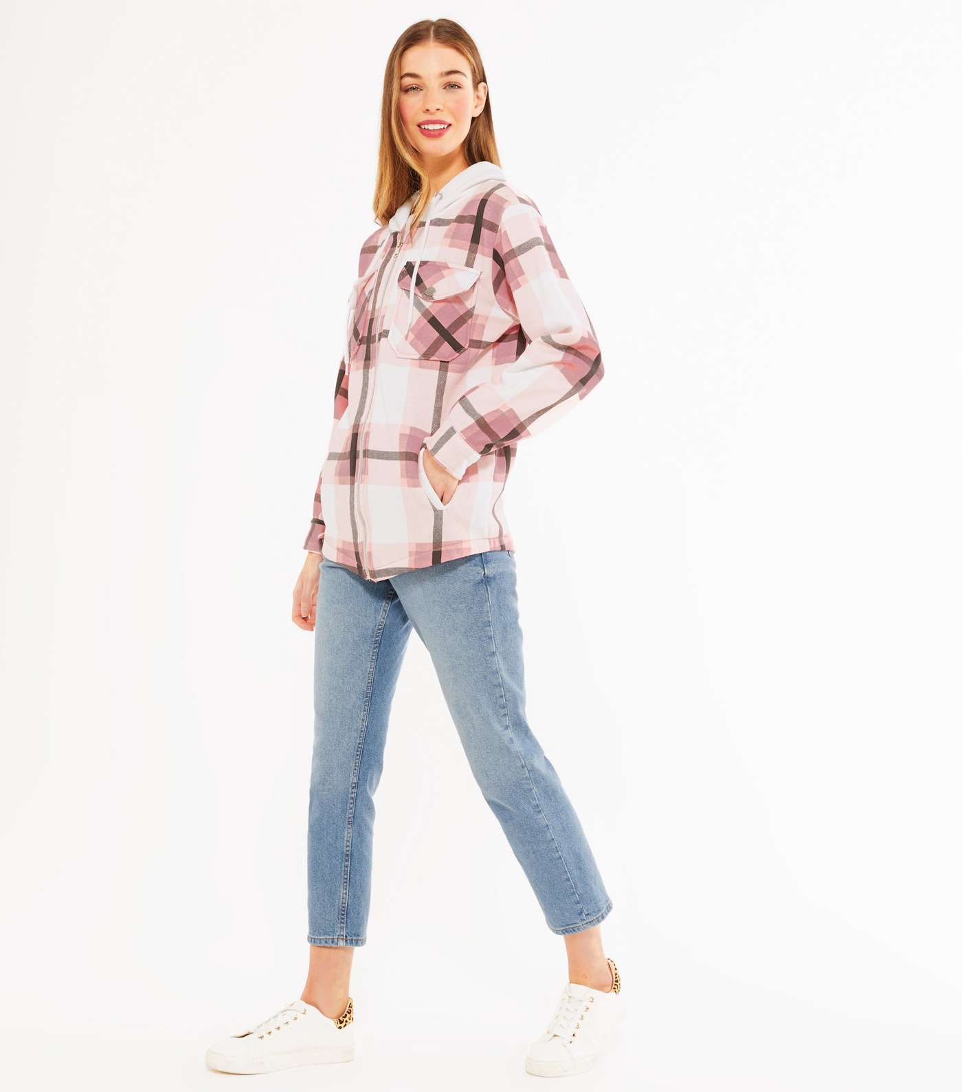 Cameo Rose Pink Check 2 in 1 Hooded Shacket  Image 2